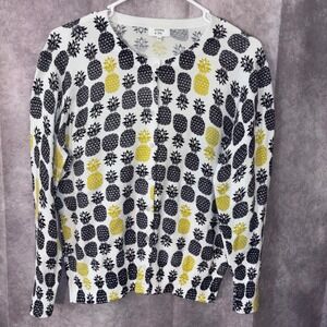 Crown & Ivy Womens Large White Pineapple Cardigan Preppy GrannyCore Tropical